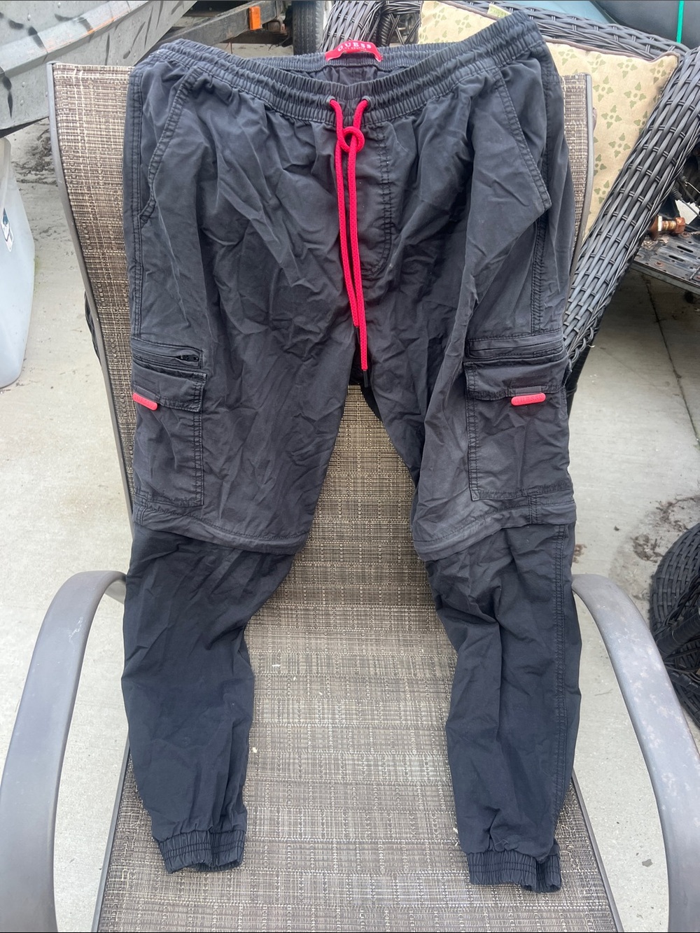Guess Black Cargo convertible shorts/Joggers with Red Drawstring